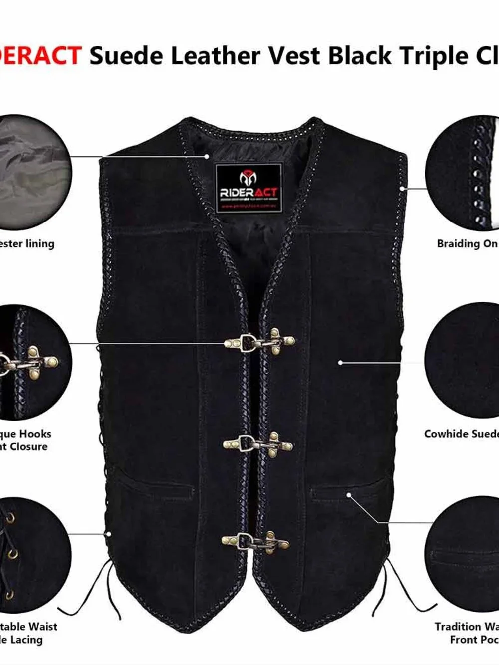RIDERACT® Black Leather Motorcycle Vest Triple Clasp Biker Riding Vest